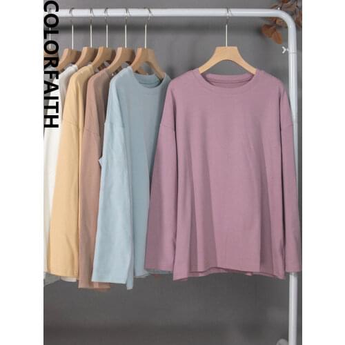 Colorfaith New 2021 Women Spring Autumn T-Shirts Oversize Solid Bottoming Long Sleeve Wild Thicken Minimalist Style Tops T2789JX