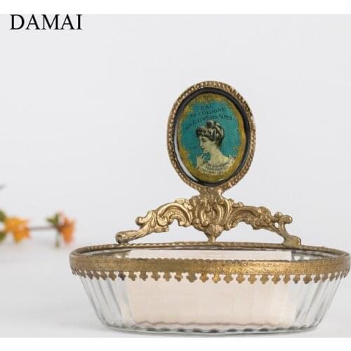 European Vintage Brass Glass Trays Relief Craft Jewelry Necklace Display Storage Tray Desktop Snacks Plates Home Decoration
