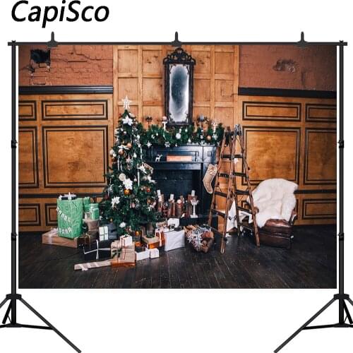 Capisco Photography Background Christmas Tree Fireplace Retro Wall Wood Floor Backdrop for Photo Studio Baby Portrait Photocall