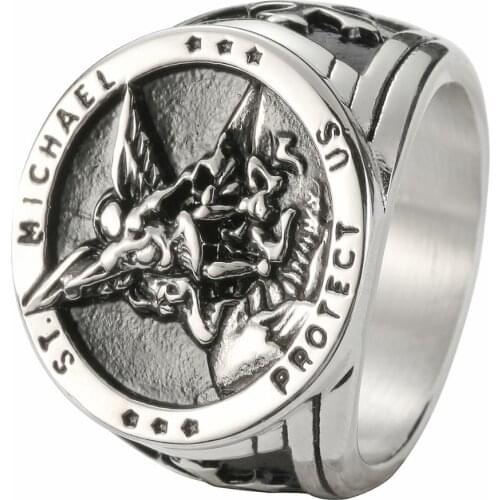 Size 7-14 Cross SAINT MICHAEL PROTECT US Ring 316L Stainless Steel Boys Mens New Cross Ring