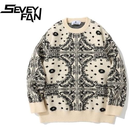 SEVEYFAN Mens Fashion Cashew Flower Jacquard Sweaters Loose Cotton O Neck Kintwear Hip Hop Pullover Sweater for Couples