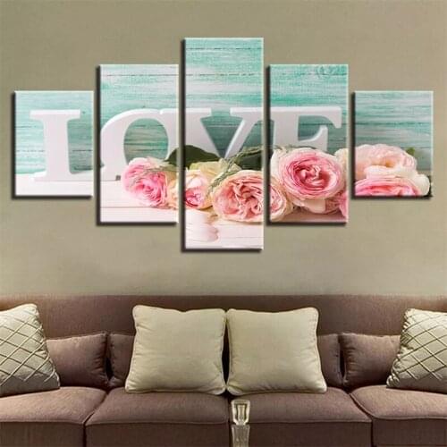 Wall Art Canvas Paintings 5 Pieces Letters Love And Pink Roses Painting Romantic Modular Decor For Living Room Decoration