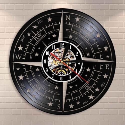 Nautical Vinyl Record Wall Clock Compass Rose Wall Decor Modern Design Wall ClockNavigation Direction Mariners Sailors Gift