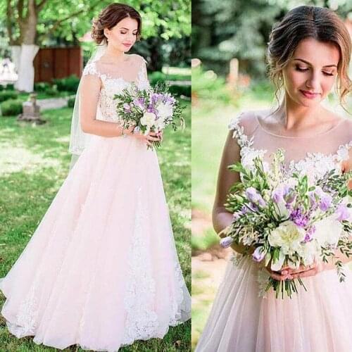 Delicate Tulle Scoop Neckline A-line Wedding Dresses See Through Pink Bridal Dress vestidos de novia vintage
