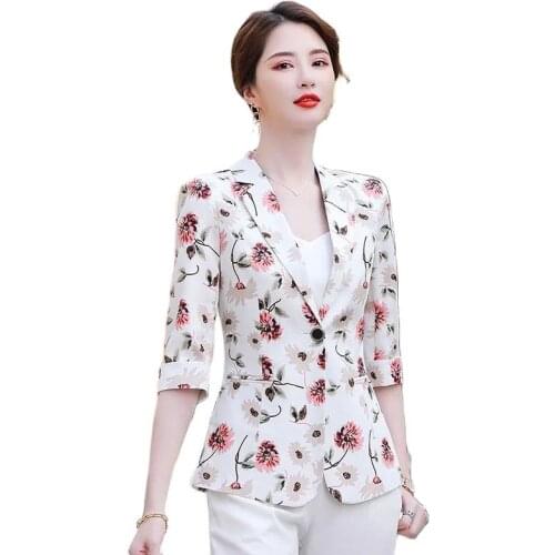2021New Fashion Small Suit Coat Spring Summer Thin All-Match 3/4 Sleeve Ladies Printing Small Suit Sun Protection Outerwear