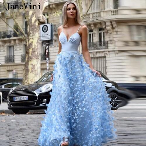 JaneVini 2020 Charming Sky Blue Long Prom Dresses Spaghetti Straps 3D Flowers A Line Floor Length Plus Size Formal Party Gowns