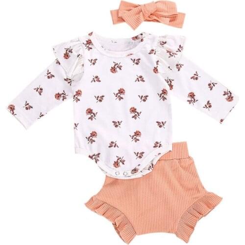Newborn Baby Clothing Infant Baby Girls Boys Long Sleeve Floral Printed Romper Ruffles High Waist Solid Ribbed Shorts Headband