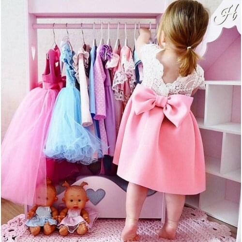 Baby Girl Dresses Ruffle Summer Big Bow Backless Lace Dress Toddler Infant Girls Clothing Pink Blue Dress for Baby Girl Birthday