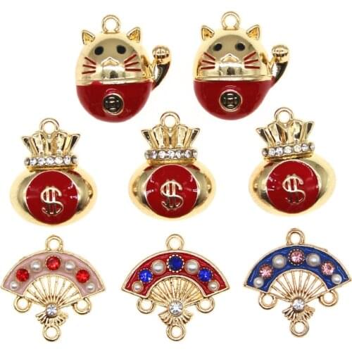 10pcs/lot Festive Red Lucky Cat Purse Exquisite Fan Charms Pendants For Earrings DIY Jewelry Making Finding XL1036