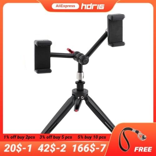 HDRIG Foldable Mini Tabletop Tripod 11" Triple Articulating Magic Arm With 1/4" Threads Double Smartphone Clips Cellphone Clip
