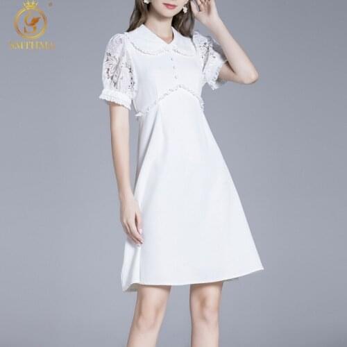 SMTHMA Summer Patchwork Embroidery Ruffle Dress For Women Lace Short Sleeve Casual Dresses Female Fashion New Clothing