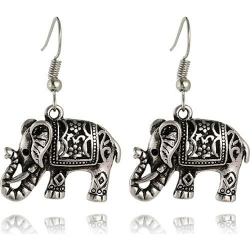 Unique Tibetan Silver Color Hollow Out Carved Animal Elephant Drop Dangle Fashion Vintage Earrings For Women Gift Jewelry Hot