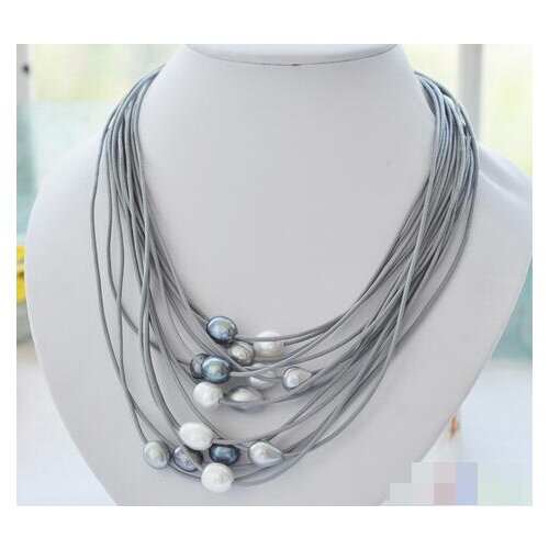 Gem nanJ 15row white black rice pearl gray leather necklace