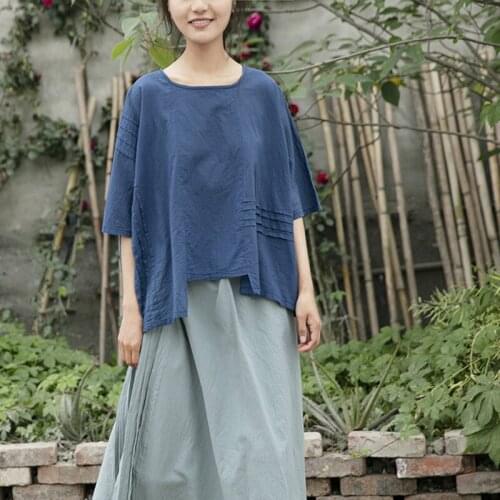 Cotton Linen T-shirts Femme 2021 Solid Color O-neck Half Sleeve Irregular Top Mujer Plus Size Casual Female Blusas De Verano