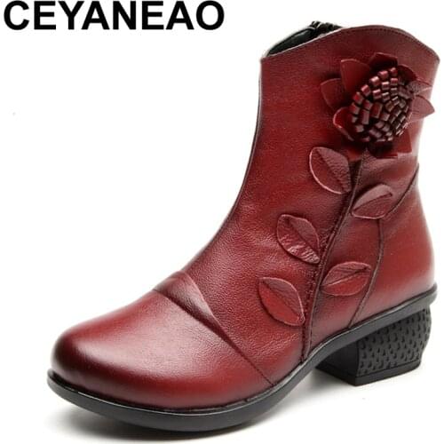 CEYANEAO Winter New Fashion Women Shoes Woman Flower Genuine Leather Ankle Boots Female Casual Soft Platform Vintage Ladies Boot