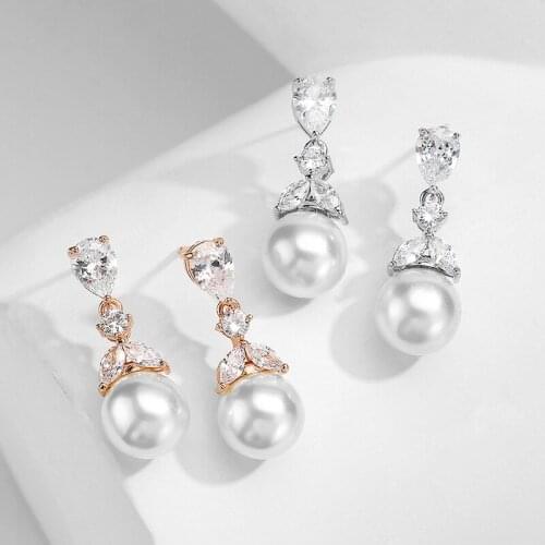 SLBRIDAL Fashion Jewelry Bijoux Anti-allergic Cubic Zirconia Pearls Earrings Charm Drop Earrings Bridal Women Dangle Earrings