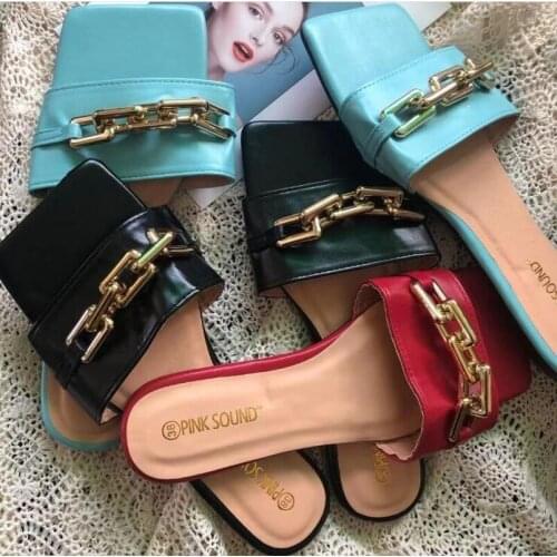 2021 Spring/summer New Metal Chain Single-layer Leather Fashion All-match Womens Slippers Outdoor Leisure Non-slip Sandals