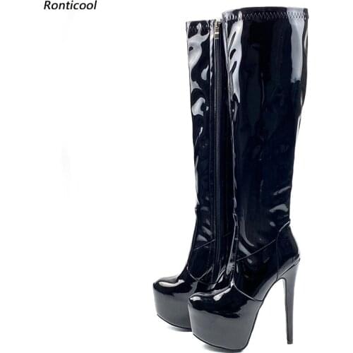Ronticool Handmade Women Winter Knee Boots Full Side Zipper Stiletto Heels Round Toe Black Night Club Shoes Plus US Size 5-20