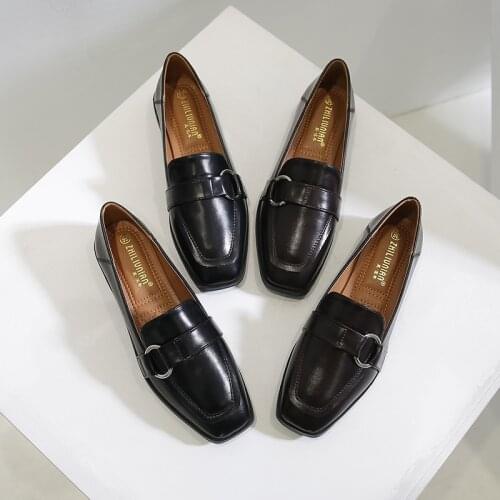 British high quality leather shoes woman metal buckle leather band oxford shoes square toe mules women rubber derby shoes size43