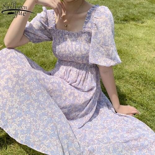 Vestidos Korean Fashion Maxi Dress 2021 Summer Dress Vintage Chiffon Floral Puff Sleeve Square Collar Women Dresses Robe 14672
