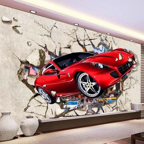 3D Broken Wall Red Car Mural Wallpaper Modern Creative Kids Bedroom Living Room Self-Adhesive Waterproof Canvas Photo Wall Paper