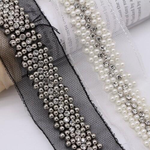 6Yards Vintage DIY Costume Dress Sewing Supplies Pearl Beaded Lace Trim Mesh Ribbon Wedding Dress Belt Brial Sash Jewelry Design