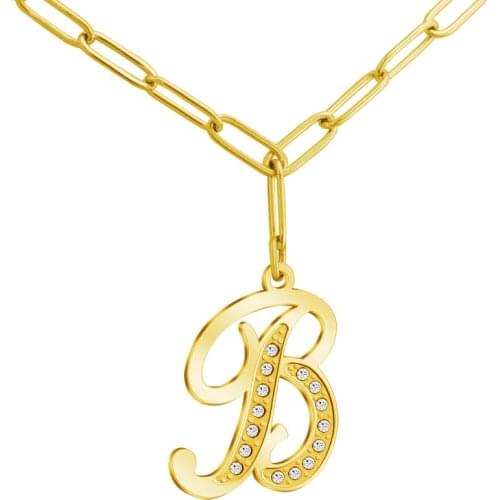 Capital Initial Letter Necklace for Women Stainless Steel Paper Clip Chain Name Jewelry Crystal Pendant Necklaces Gift