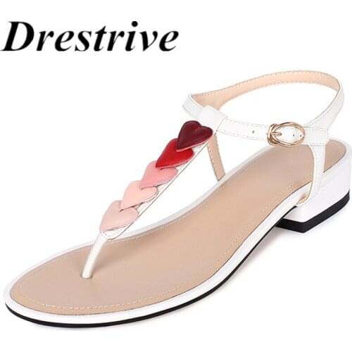 Drestrive Women Sandals Sweet Heart Low Heel Round Toe Buckle Red 2021 Summer Casual Shoes Pinch Flops Handmade Girls