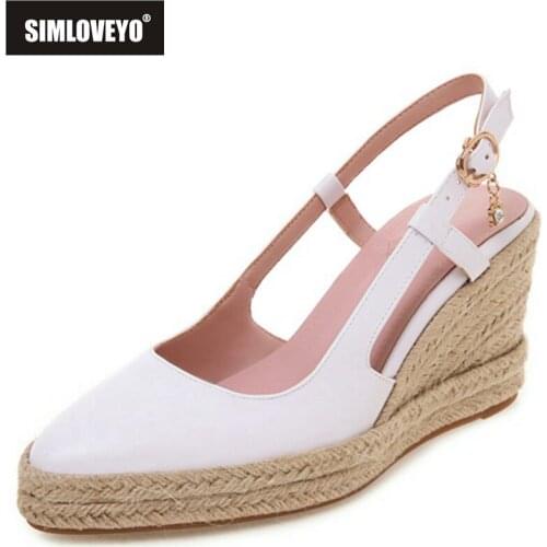 SIMLOVEYO 2021 Fisherman Espadrilles Sandals Slingbacks Buckle Strap Rattan Wedges Pointed Toe 8cm Size 32-44 White Beige A4175
