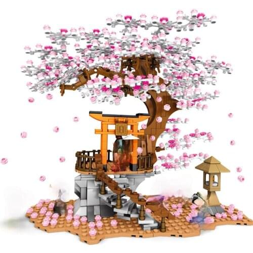 City Stree View Cherry Blossom Landscape House Tree Cherry Blossom Tunnel Building Block Educational Bricks Toys for Children