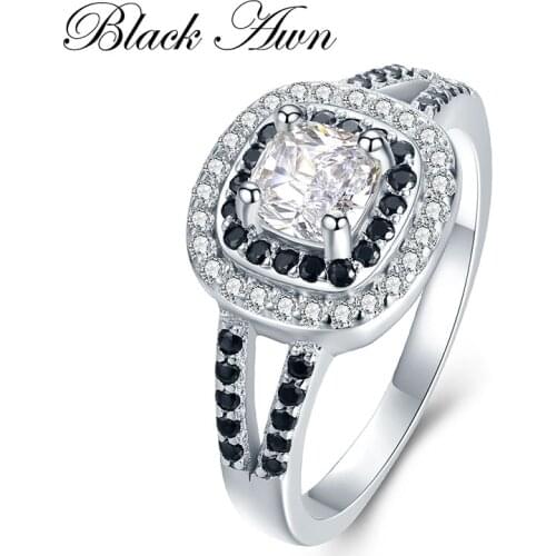 [BLACK AWN] 3.2g 925 Sterling Silver Jewelry Black&White Stone Engagement Ring Bague Wedding Rings for Women C428