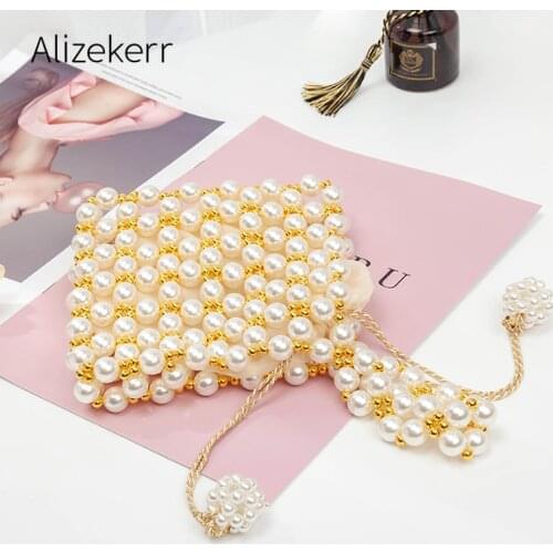 Small Square Pearls Bag For Women 2021 New Summer Elegant Hand Woven Hollow Out Beaded Kawaii Purses And Handbags Bridal Wedding