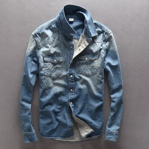 2019 NEW Autumn Men Denim shirt Casual Slim Fit Streetwear Blouse Lapel Button Long Sleeve Tops