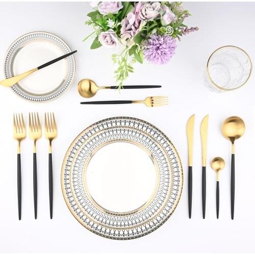 JANKNG 6Pcs Black Gold Dinnerware Set 304 Stainless Steel Dinner Tableware Set Knife Fork Spoon Flatware Set Matte Cutlery Set