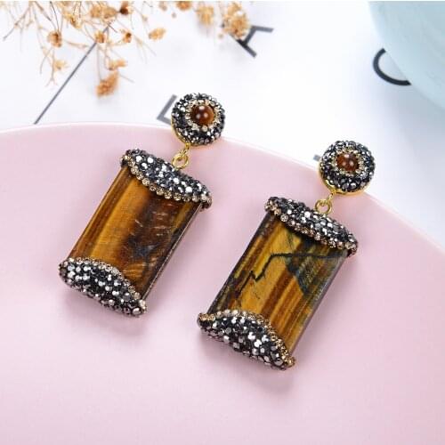 Natural Tiger Eye Stone Unusual Earrings 2020 Geometric Stone Black Rhinestone Handmade Long Hanging Earrings Women Jewelry