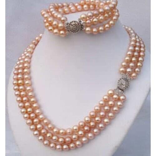 3 Rows 7-8mm Charming Natural Pink Freshwater Pearl Necklace Bracelet Jewelry Set Free Shipping Elegant Women Gfits BV465