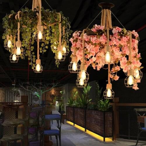 Industrial Wind Plant Pendant Lamp Creative Restaurant Cafe Decorating Hanging Light Antique Music Bar Linen Green Pendant Light