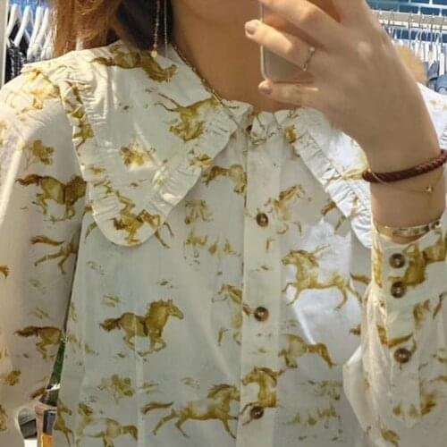 2021 Early Spring New Fashion Classic Long-sleeved Single-breasted Horse Print Ruffled Loose Wild Shirt Women
