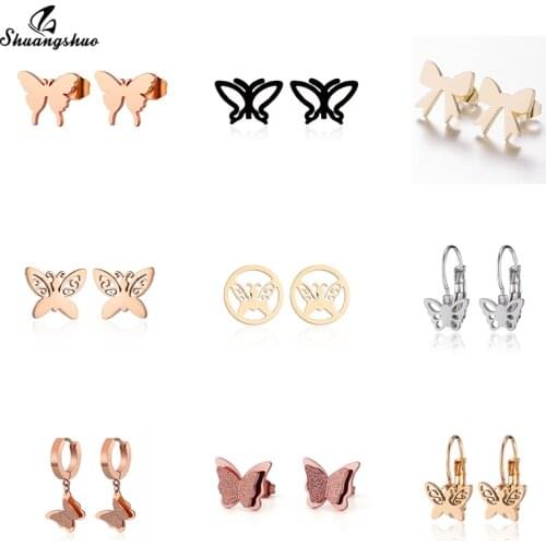 Shuangshuo Minimalist Jewelry Stainless Steel Butterfly Stud Earrings for Women Cute Cartoon Animal pendientes mujer moda pour