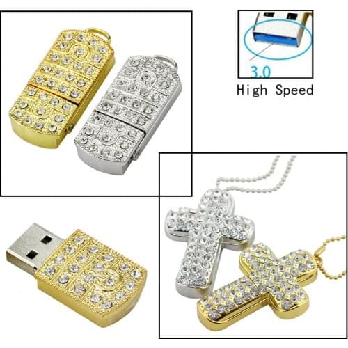 Crystal Metal Necklace Cross USB Flash Drive 8GB 16GB 32GB 64GB Pendrive Christian Cross Pen Drive USB 3.0 Flash Memory Stick