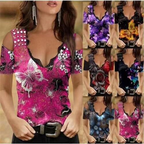 2021 Women Halloween Off Shoulder Short Sleeves T Shirt Printed Floral butterfly Slim Camisole Tees Tops Carnival Party For Lady