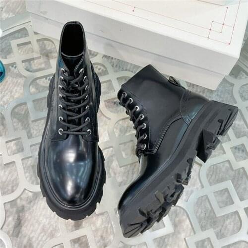 2021 Fashion Lace Up Ankle Boots Women Ladies Round Toe Black Thick Sole Chelsea Boots Design Leather Platform White Shoe Woman