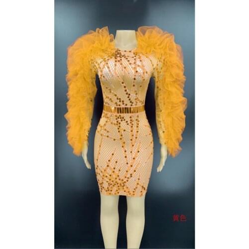 7 Colors Flashing Gold Sequin Rhinestone lace sleeve Short Dress Women Dancer Spandex Outfit Birthday Celebrate Prom Dress