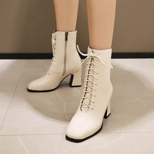Ankle Boots For Women Square Toe Fashion Shoes Plush Warm Winter Short Boots Zipper Square Heels Comfortable Lady Shoes beige