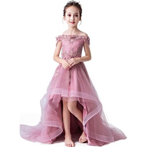 Children Lace Evening Dresses Elegant V-neck Floor Length Sleeveless Lace Bridesmaid Dress for Girls Short Front Long Back Dress
