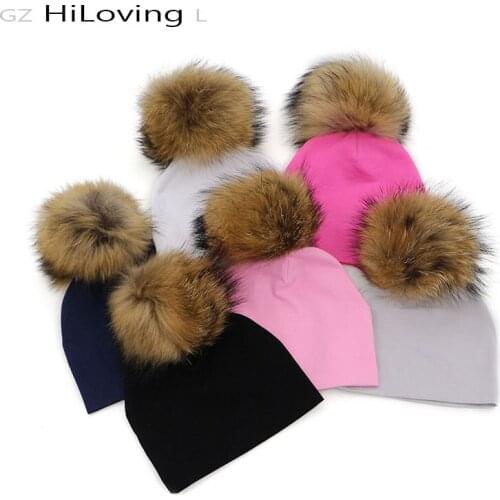 GZhilovingL 0-5 month Winter Baby Girls Boys Solid Fur Pompom Beanies Hats Autunm Spring Soft Cotton Natural Fur Skullies Hat