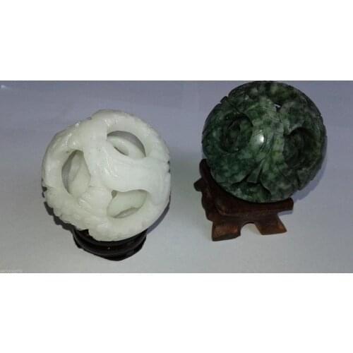 Chinese Jade 58mm White & Green Magic Puzzle Balls + Stands