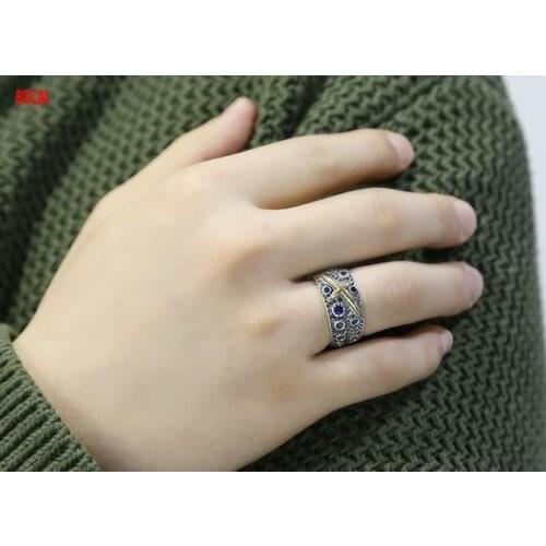 Real s925 sterling silver star blue ring domineering trendy personality Thai silver vintage open ring
