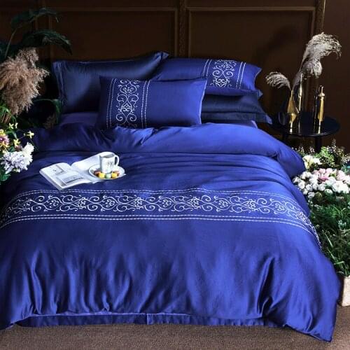Luxury Cotton Silk Embroidery King Queen Bedding Set Navy Blue Solid Colors Duvet Cover Flat Sheet Pillow Case For Wedding