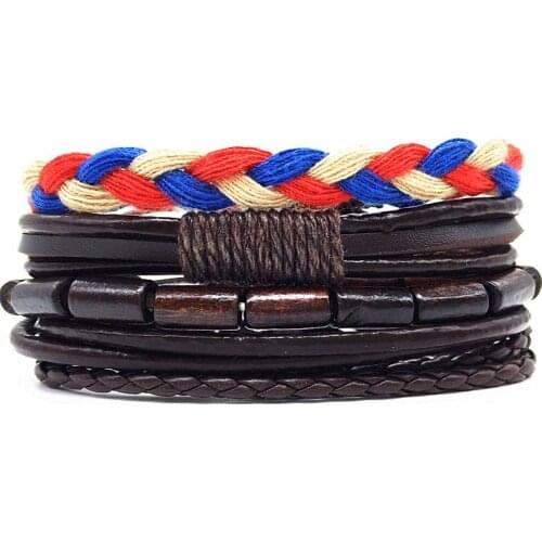Brown Wood Bead Ethnic Braided 4pc/set Punk Handmade Men Leather Bracelets Women Vintage Bangle Male Homme Jewelry Accessories